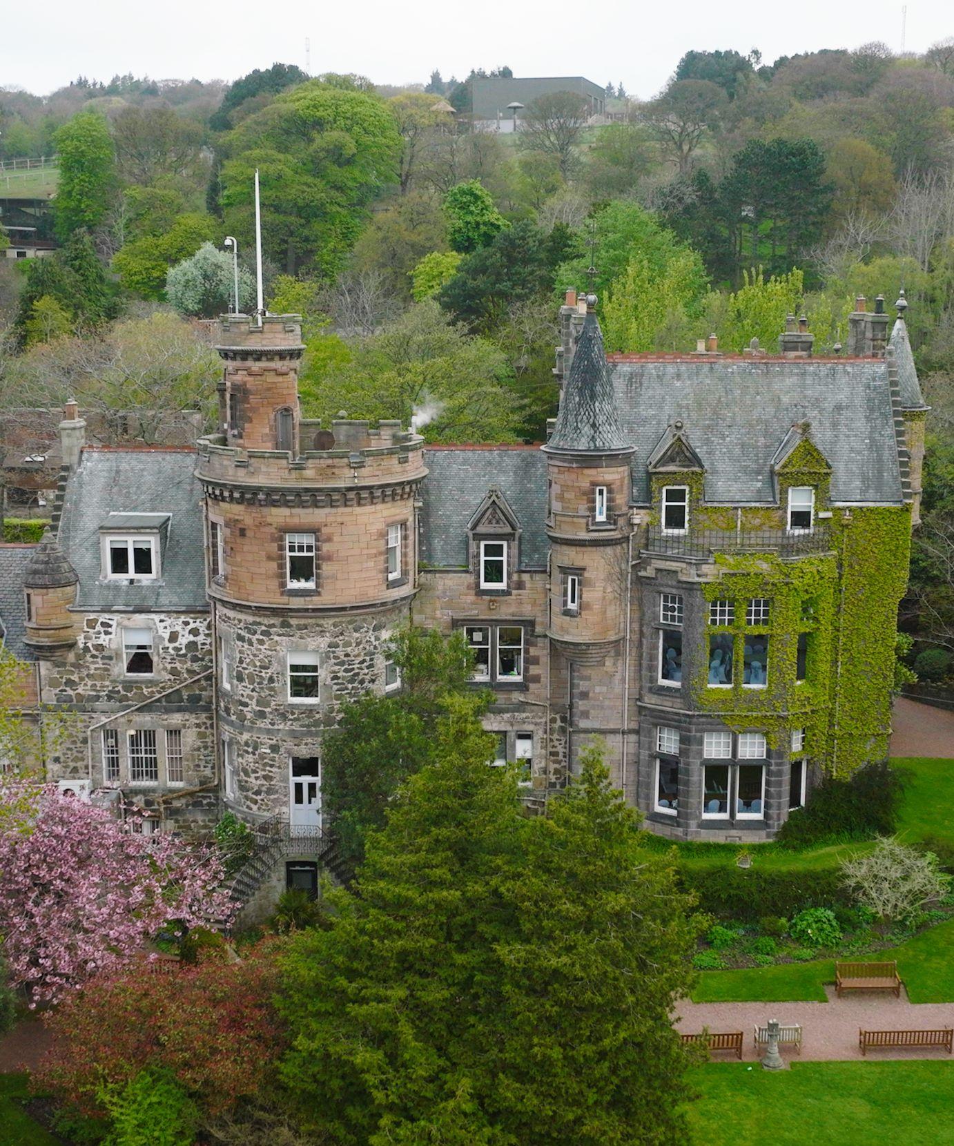 mansion house exterior drone shot with green foliage and blossom tree IMAGE: FoSho 2022